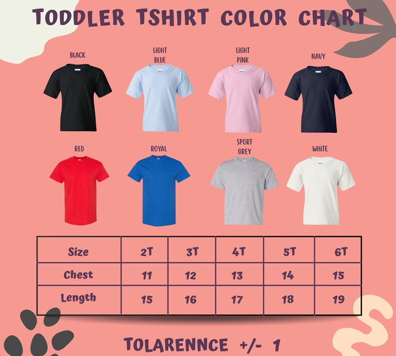 a color chart for toddler t-shirts, showing different color options and corresponding sizes.