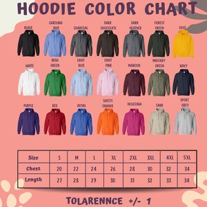 The image is a color chart for hoodies, displaying various colors and sizes.