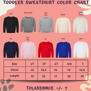 The image is a color chart for toddler sweatshirts, displaying various color options and corresponding sizes.
