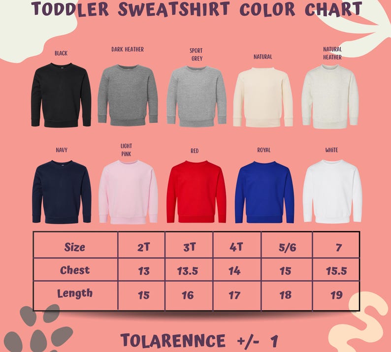 The image is a color chart for toddler sweatshirts, displaying various color options and corresponding sizes.