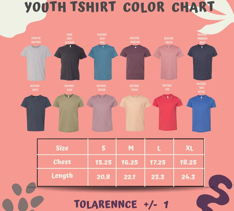 a color chart for youth t-shirts, showing different color options and corresponding sizes.