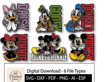 May include: Digital download featuring six cartoon character designs: Daisy, Goofy, Donald, Minnie, Mickey, and Mickey & Minnie. Each character is paired with their name in a vertical, colourful font. The image includes file type options.