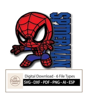 Op de afbeelding: Een cartoon illustratie van Spider-Man in een dynamische pose, met een rood en zwart spinnenwebmasker en pak, met het woord "SPIDERMAN" in blauw. De afbeelding bevat tekst die een digitale download met verschillende bestandstypen aangeeft.