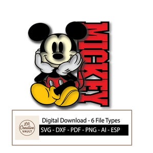 Puede incluir: Un gráfico de descarga digital con Mickey Mouse en una pose sentada, con la palabra "MICKEY" en letras rojas. La imagen incluye el texto "Descarga digital - 6 tipos de archivos" y abreviaturas de tipos de archivo.