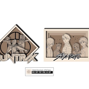 Può includere: Download digitale con due illustrazioni color seppia. Una mostra figure a forma di diamante con "HUNTRAX". L'altra è un'immagine incorniciata di persone con "Saja Boys". Include tipi di file: SVG, DXF, PDF, PNG e ESP.