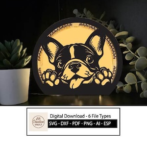 May include: A black and yellow dog-themed night light. The design features a French bulldog's face and paws. The night light is in a circular frame. The image includes the text "Digital Download - 6 File Types" and file type abbreviations.