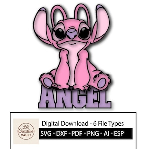 Puede incluir: Un personaje de dibujos animados rosa llamado Angel, con grandes orejas y una expresión amigable, se sienta encima de la palabra "ANGEL" en letras de bloque moradas. La imagen incluye una descarga digital con opciones de tipo de archivo.