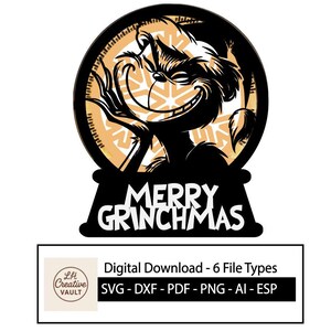 Pode incluir: Design preto e castanho com tema Grinch com o texto "MERRY GRINCHMAS". O design apresenta um personagem Grinch sorrindo dentro de uma moldura circular. Abaixo da moldura está o texto "MERRY GRINCHMAS". A imagem também inclui um logotipo e texto indicando um download digital.