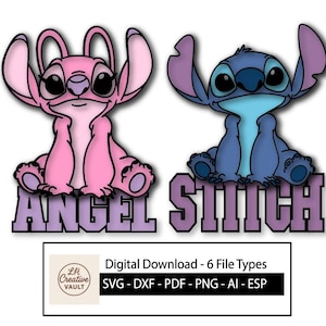 May include: Digital download graphic of Angel and Stitch characters. Angel is pink, Stitch is blue, above the text "ANGEL STITCH". Includes file types: SVG, DXF, PDF, PNG, AI, and ESP. A cartoon-style design on a white background.