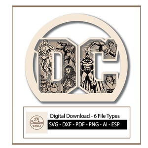 May include: A digital download featuring the DC logo with various comic book characters inside the letters. The logo is in a circular frame. The image includes the text "Digital Download - 6 File Types" and file type abbreviations.