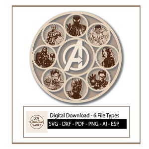 May include: A circular wooden cutout featuring various superhero characters, including Spider-Man, Hulk, and Black Widow, surrounding the Avengers logo. The design is a digital download with multiple file types.