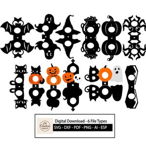 May include: Black and orange Halloween-themed digital cut files featuring bats, ghosts, witch hats, cauldrons, pumpkins, spiders, cats, and the word "BOO". Includes SVG, DXF, PDF, PNG, AI, and ESP file types.