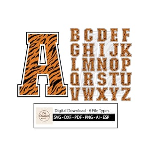 Puede incluir: Un conjunto de letras de estilo universitario con estampado de rayas de tigre. La letra "A" se muestra de forma destacada, con el resto del alfabeto dispuesto debajo. La imagen incluye el texto "Digital Download - 6 File Types".