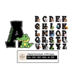 May include: A black letter "A" with a green alligator illustration and the word "ALLIGATOR". The image also features the alphabet with animal illustrations. The image includes the text "Digital Download - 6 File Types".
