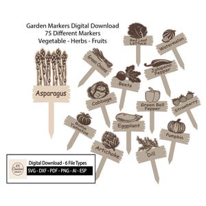 May include: Digital download of garden markers featuring 75 different vegetable, herb, and fruit markers. Each marker has a wooden stake and a sign with the name and illustration of the plant. Includes asparagus, lettuce, watermelon, and more.