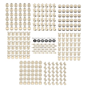 Może przedstawiać: Cyfrowe pobranie zawierające różne kształty wielkanocne wycięte laserowo z drewna. Projekty obejmują pisanki z kwotami w dolarach i etykietami aktywności, a także kształty króliczków. Obraz zawiera również tekst "Digital Download - 6 File Types".