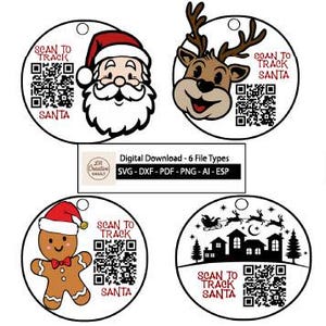 Peut inclure: Quatre modèles numériques de Noël. Comprend le Père Noël, un renne, un bonhomme en pain d'épices et une scène d'hiver avec un traîneau. Chaque modèle comporte un code QR et le texte "SCAN TO TRACK SANTA".