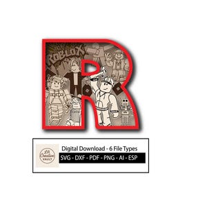 Puede incluir: Una letra "R" con contorno rojo que presenta una ilustración en tonos sepia de personajes de Roblox. El logotipo de Roblox es visible en la parte superior. La imagen incluye el texto "Digital Download - 6 File Types" y abreviaturas de tipos de archivo.