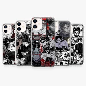 May include: A collection of five phone cases featuring black and white anime-style illustrations. The designs include various characters with detailed facial features and dynamic poses, with red accents.