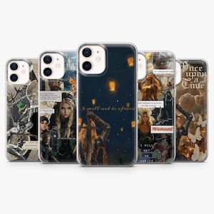 Puede incluir: Una colección de fundas para teléfonos con varios diseños. Una funda presenta un cielo nocturno con linternas flotantes y el texto "I will not be afraid". Otras fundas muestran collages de imágenes y texto, incluyendo las palabras "Fireheart" y "Once upon a time."