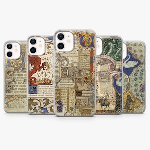 May include: A set of phone cases displaying medieval manuscript artwork. Each case showcases a different illustration, such as dragons, knights, and floral motifs, set against a backdrop of aged parchment and script. The cases are in various colours, including red, blue, and green.