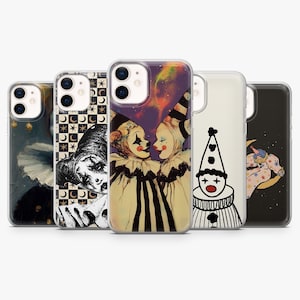 Puede incluir: Un conjunto de cinco fundas para teléfono con diseños de payasos. Los diseños varían, incluyendo ilustraciones de payasos con maquillaje colorido, patrones y un fondo de cielo estrellado. Las fundas están diseñadas para un smartphone.