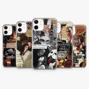 May include: A selection of clear phone cases with collage designs inspired by "The Phantom of the Opera." The designs incorporate musical notes, portraits, and text, using a monochrome colour palette.