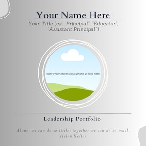 Peut inclure: Un modèle de portfolio de leadership professionnel avec un fond dégradé gris clair. La zone de titre indique "Your Name Here" et "Your Title". Un espace circulaire est prévu pour une photo ou un logo. Le texte "Leadership Portfolio" est en dessous.
