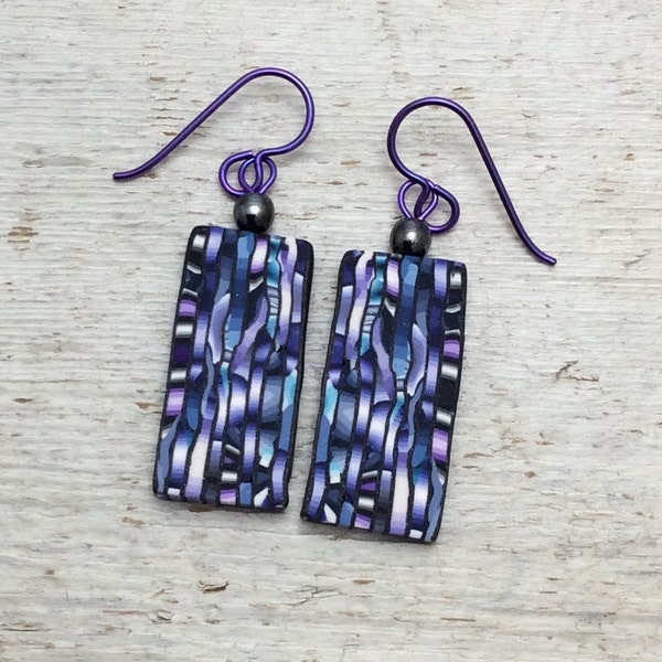 Tapestry Look-Alikes, Navy, Blue, Purple, Gray and Turquoise with Vertical Black Lines, Polymer Clay, French Hook Earrings