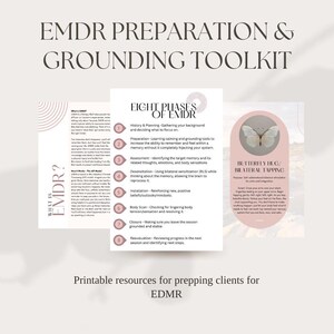 May include: Printable resources for EMDR preparation and grounding. The image features text about the eight phases of EMDR, including history, preparation, assessment, desensitization, installation, body scan, closure, and reevaluation. A butterfly graphic is also included.