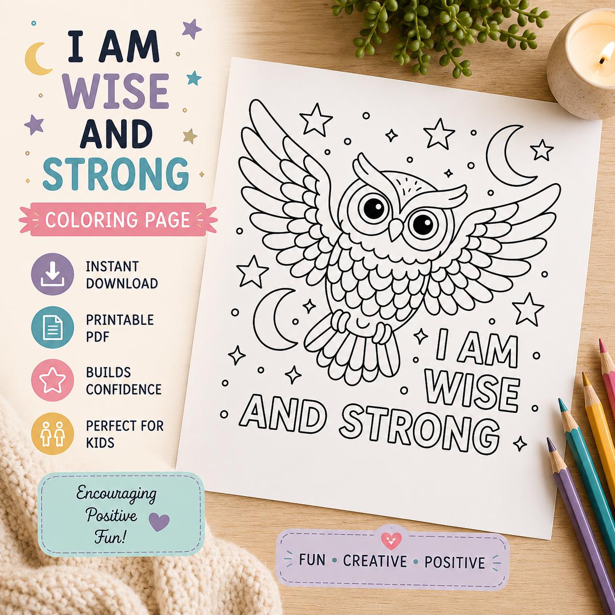 42 Creative Owl Crafts For Kids 39 Positive Affirmation Coloring Page for Kids I Am Wise and Strong Owl…