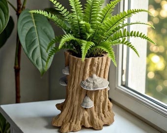 3D Printed Tree Stump Planter with Mushrooms - Fairy Garden Cottagecore Pot, Succulent Holder