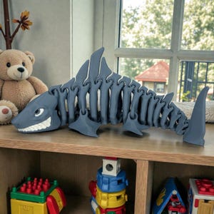 May include: A gray articulated shark toy with a skeletal design. The shark has a smiling face and is displayed on a wooden shelf with other toys. The toy is approximately 12 inches long.