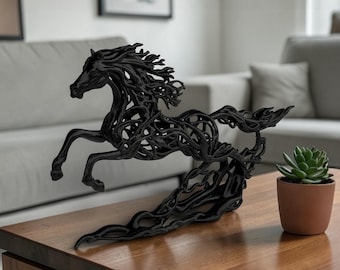 3D Printed Flowing Wind Horse Sculpture – Dynamic Galloping Stallion Figurine, Desk Decor