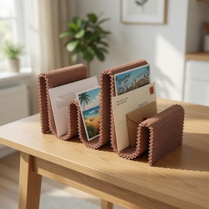 May include: Three brown textured desk organizers holding postcards and envelopes. One postcard reads "Greetings from Paradise" with a beach scene. The organizers are made of a woven material and sit on a wooden table.