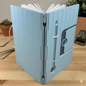May include: A light blue notebook with a vertical ribbed texture on the cover. The notebook features a central spine with a white elastic cord holding a matching light blue stylus in place. The pages are white and fanned open at the top.