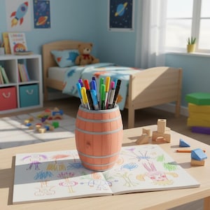 May include: A light orange barrel-shaped pen holder filled with colorful markers sits on a wooden table. A drawing book with colorful drawings is open in front of the pen holder. A child's bedroom is in the background.