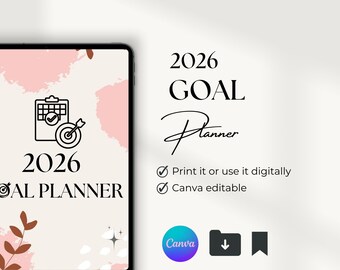 Doelplanner 2026 jaar, dagelijks, wekelijks, maandelijks digitale plannerkalender, gewoontetracker, bewerkbare canva-sjabloon, afdrukbare pdf