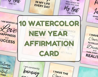 Puede incluir: Un conjunto de diez tarjetas de afirmación en acuarela con mensajes inspiradores. Las tarjetas presentan varios colores y frases como "My Best", "Blessings" y "Love". También es visible el texto "10 Watercolor New Year Affirmation Card".