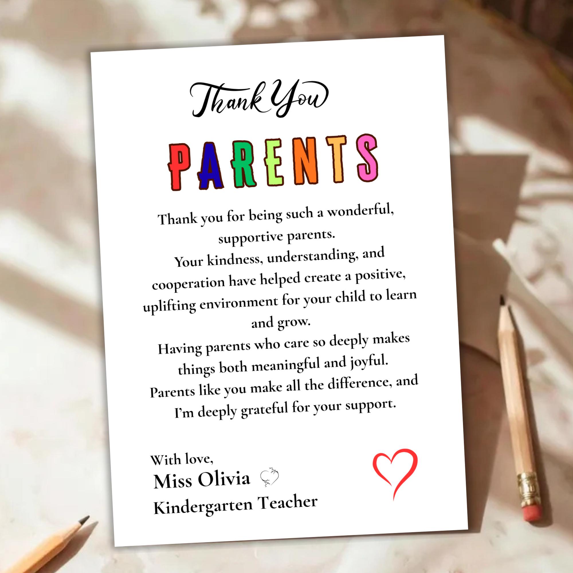 Editable Thank You Note Card, Teacher to Parent, End of Year Note ...