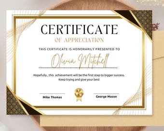 Certificat de conception de récompense élégante modifiable, certificat de reconnaissance personnalisable, modèle de certificat imprimable, cadeau de reconnaissance