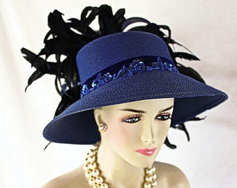 Avant Garde Royal Blue Black Exotic Feathered Haute Couture Fashion Hat, Womens Luxury Designer Dress Hats, Wedding Guest Church Hat