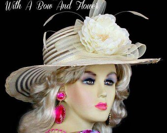 Ivory Designer Wide Brim Hat With A Gold Bow White Roses  display picture 3
