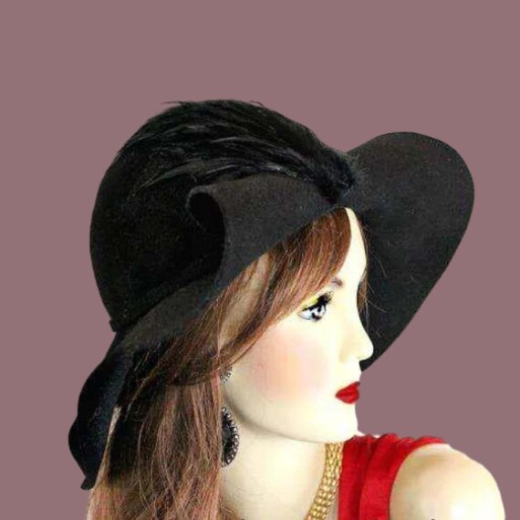 winter dress hats ladies Black Wool Feathered Wide Brimmed Floppy Luxury Hat, Designer Fashion for Formals Church Wedding Temple, Funeral Hats or tie it on