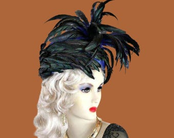 Avant Garde Haute Couture Royal Blue Black Green Iridescedent Feathered Pillbox Hat, Wedding Bridal Formal Occasion Hat, Mother Of The Bride