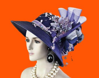 Haute Couture Custom Made Statement Wedding Church Hat, Royal Blue Purple Soft Green Millinery Kz1