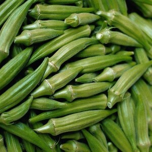 Può includere: Un primo piano di un mucchio di okra fresca. I baccelli di okra sono di un colore verde vibrante, con una consistenza leggermente striata. I baccelli sono di dimensioni variabili e sono raggruppati, creando un'esposizione visivamente accattivante di questa verdura.