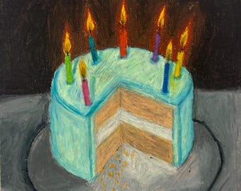 Dibujo de pastel al óleo de tarta de cumpleaños