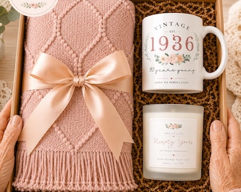 90th Birthday Gift, Personalized 90th Birthday Gifts for her, Grandma Birthday Gift, Mom Birthday Gift, Custom Mug and Candle Blanket Set