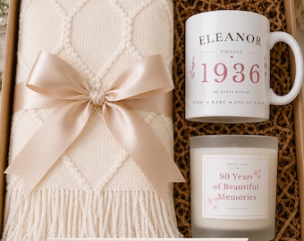 Personalized 90th Birthday Gift for Women, 90th Birthday Gift Box, Grandma Birthday Gift, Custom Mug and Candle Blanket Set